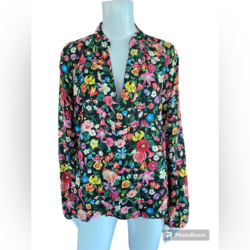 Badgley Mischka v-neck long sleeve black floral blouse LARGE